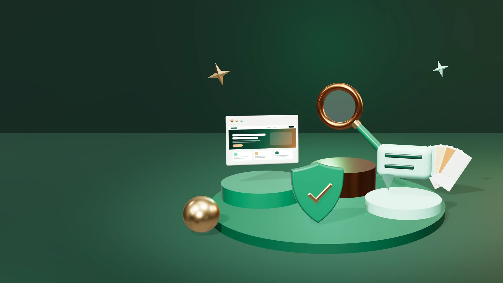 Symboler for nettside, søk, AI-svar, sikkerhet og design samlet på podier