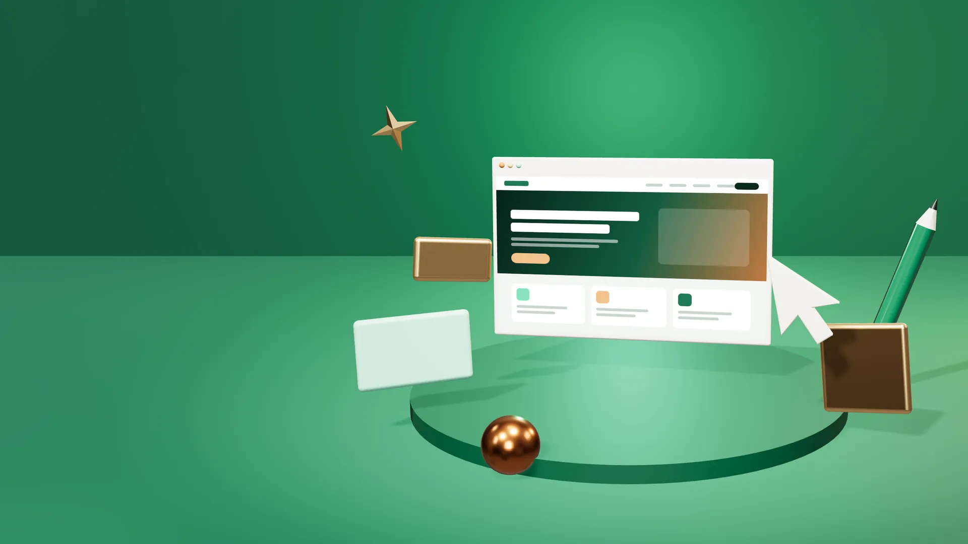 Stort nettleservindu med nettsidedesign, layoutblokker og blyant